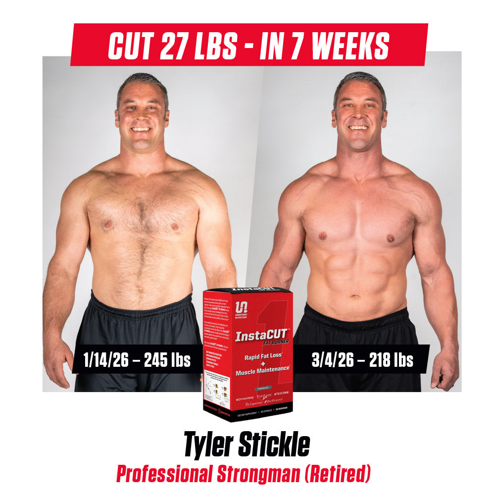 Before-and-after fitness transformation of Tyler Stickle showing weight loss progress from 1/14/26 - 245 lbs to 3/4/26 - 218 lbs, with a red InstaCut product box centered in front of the photos.