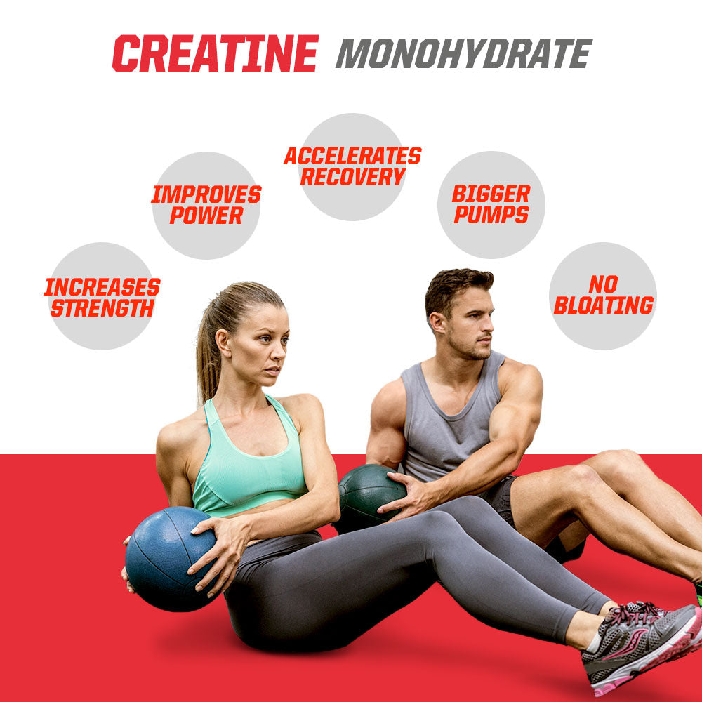 Two people exercising with fitness balls on a red floor, promoting Creatine Monohydrate Powder benefits.