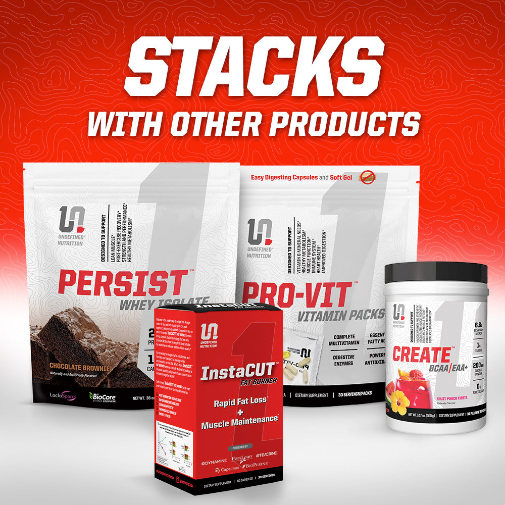 Supplement products including 'Persist', 'Pro-Vit', 'InstaCut', and 'Create' on a red and white background.