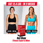 Before-and-after fitness transformation graphic featuring Keri Shaw in athletic wear. A red box of InstaCut Rapid Fat Loss Muscle Maintenance supplement is shown in the foreground, with text reading CUT 12.4 LBS - IN 11 WEEKS' and Keri Shaw Fitnes Expert and Mom
