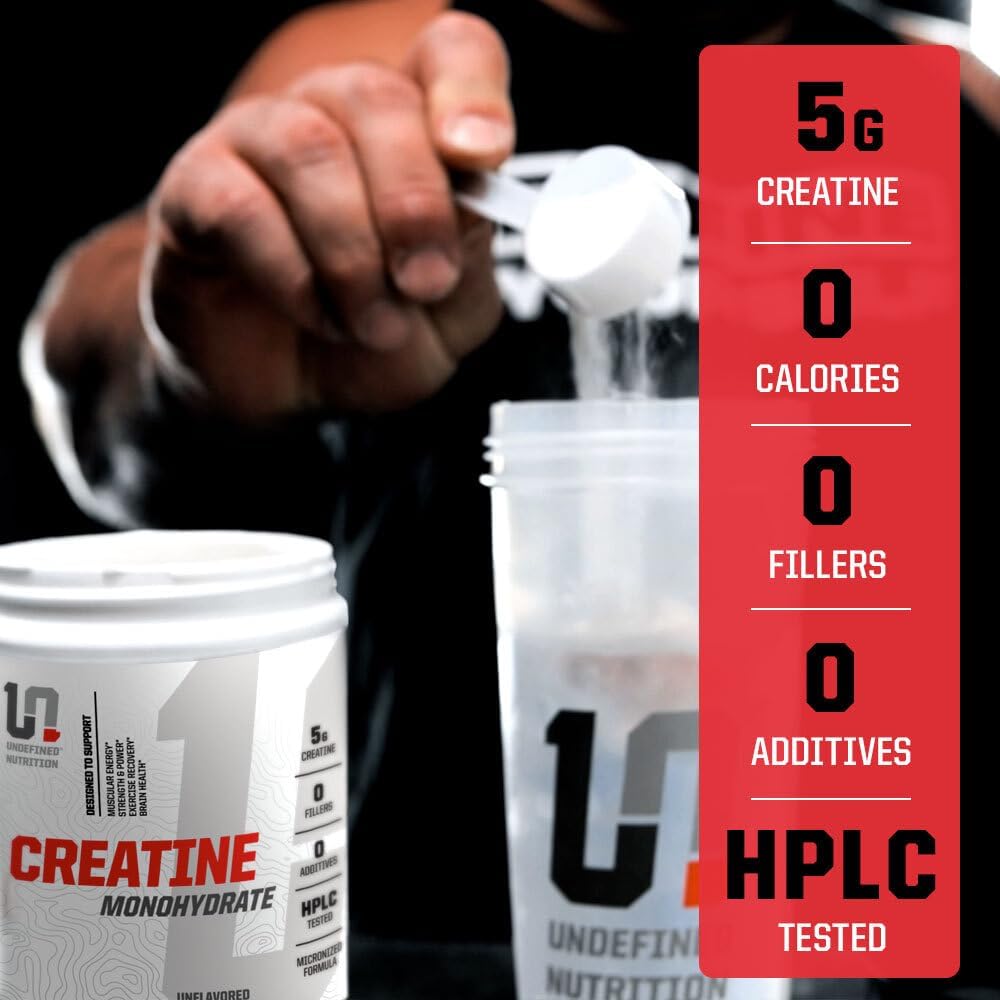 Creatine Monohydrate Powder​ supplement container with a person pouring powder, Undefined Nutrition branding, and product features.
