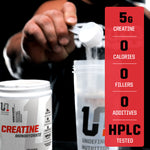 Creatine Monohydrate Powder​ supplement container with a person pouring powder, Undefined Nutrition branding, and product features.