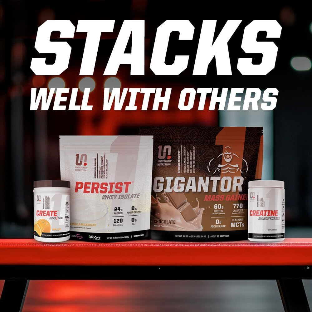 Creatine Monohydrate Powder​ stacks well with other Undefined Nutrition products, including Persist Whey Isolate, Gigantor, and Create BCAAs