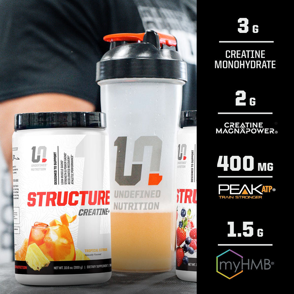 Undefined Nutrition Structure Creatine+ Monohydrate Creatine Powder  packaging with a shaker bottle