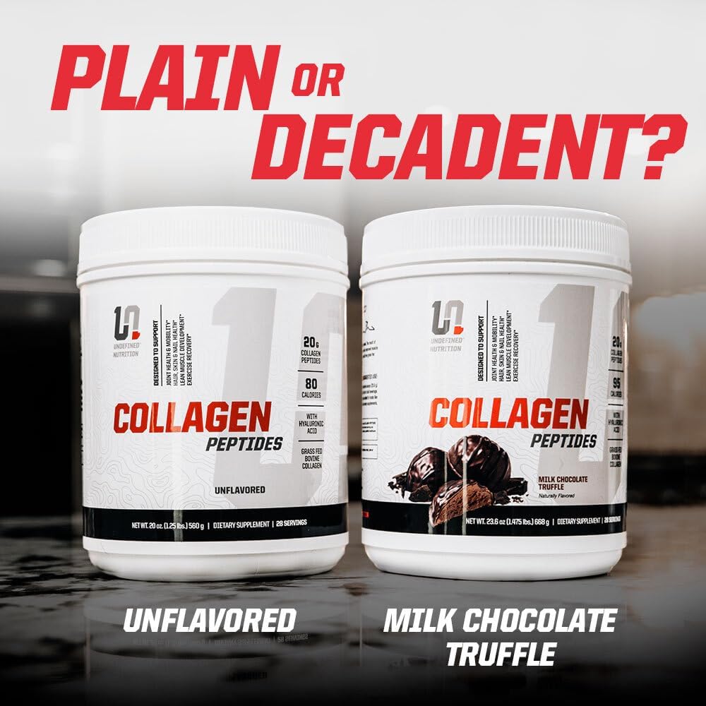 Two containers of collagen peptides with 'Plain or Decadent?' text above them.