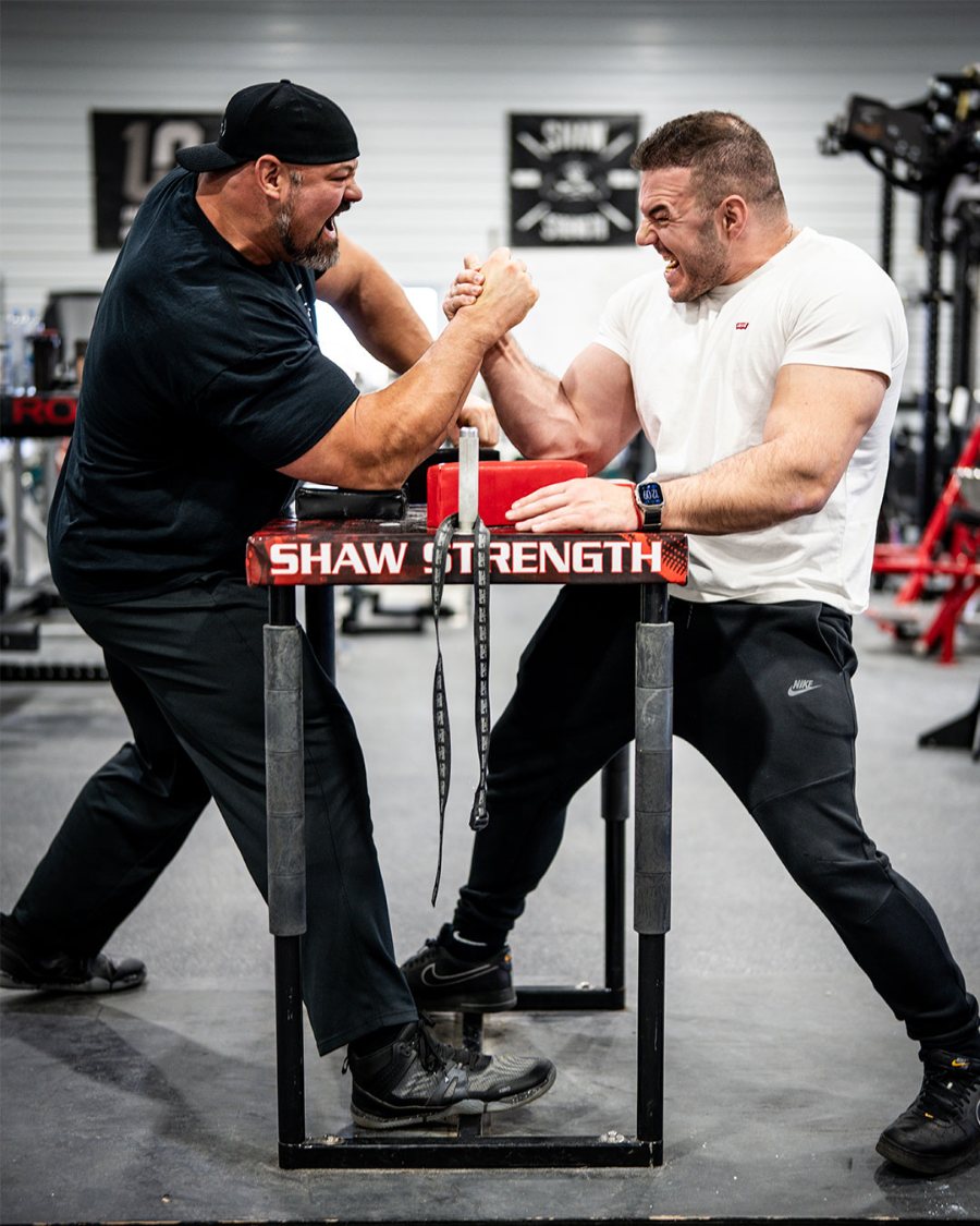 Brian Shaw arm wrestling at the Shaw Strength gym