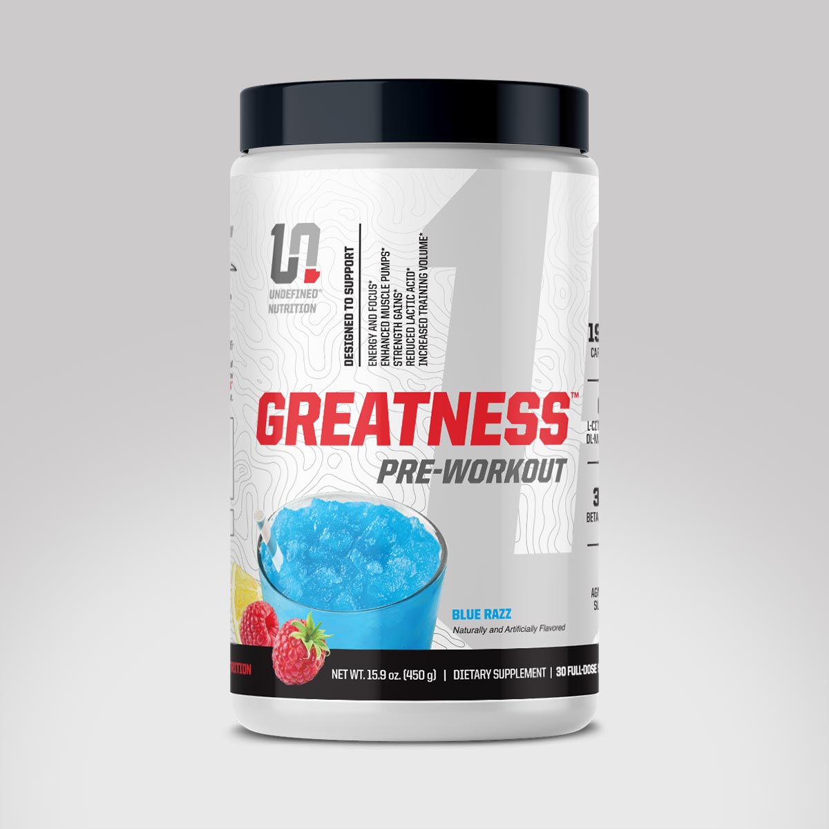 Greatness Pre-Workout - Blue Razz flavor nutritional supplement made by Undefined Nutrition - Brian Shaw
