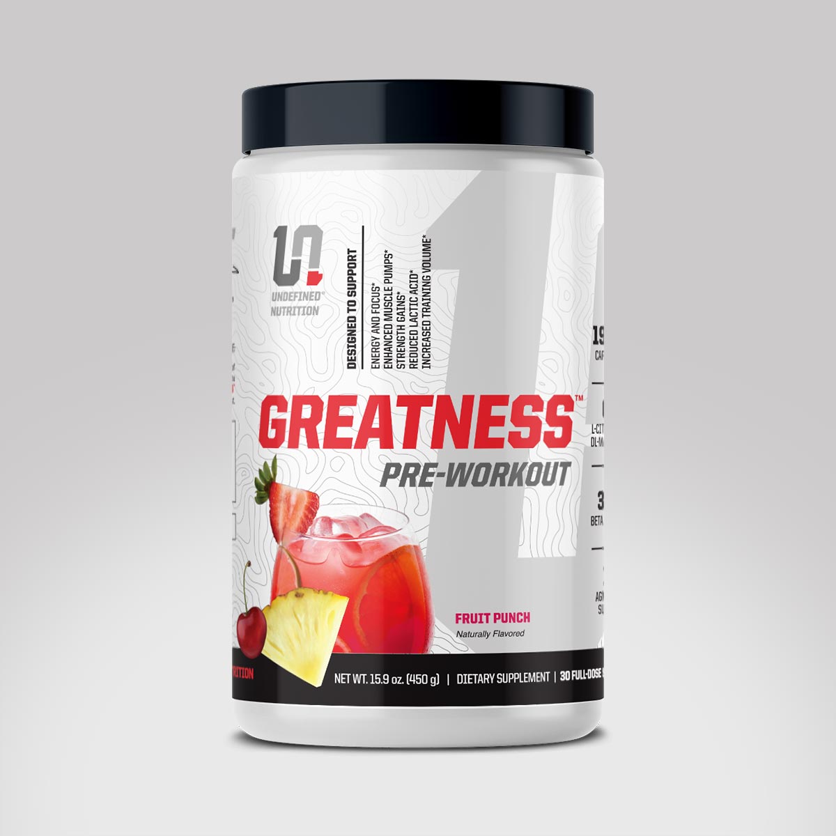 Greatness Pre-Workout - Fruit Punch flavor nutritional supplement made by Undefined Nutrition - Brian Shaw
