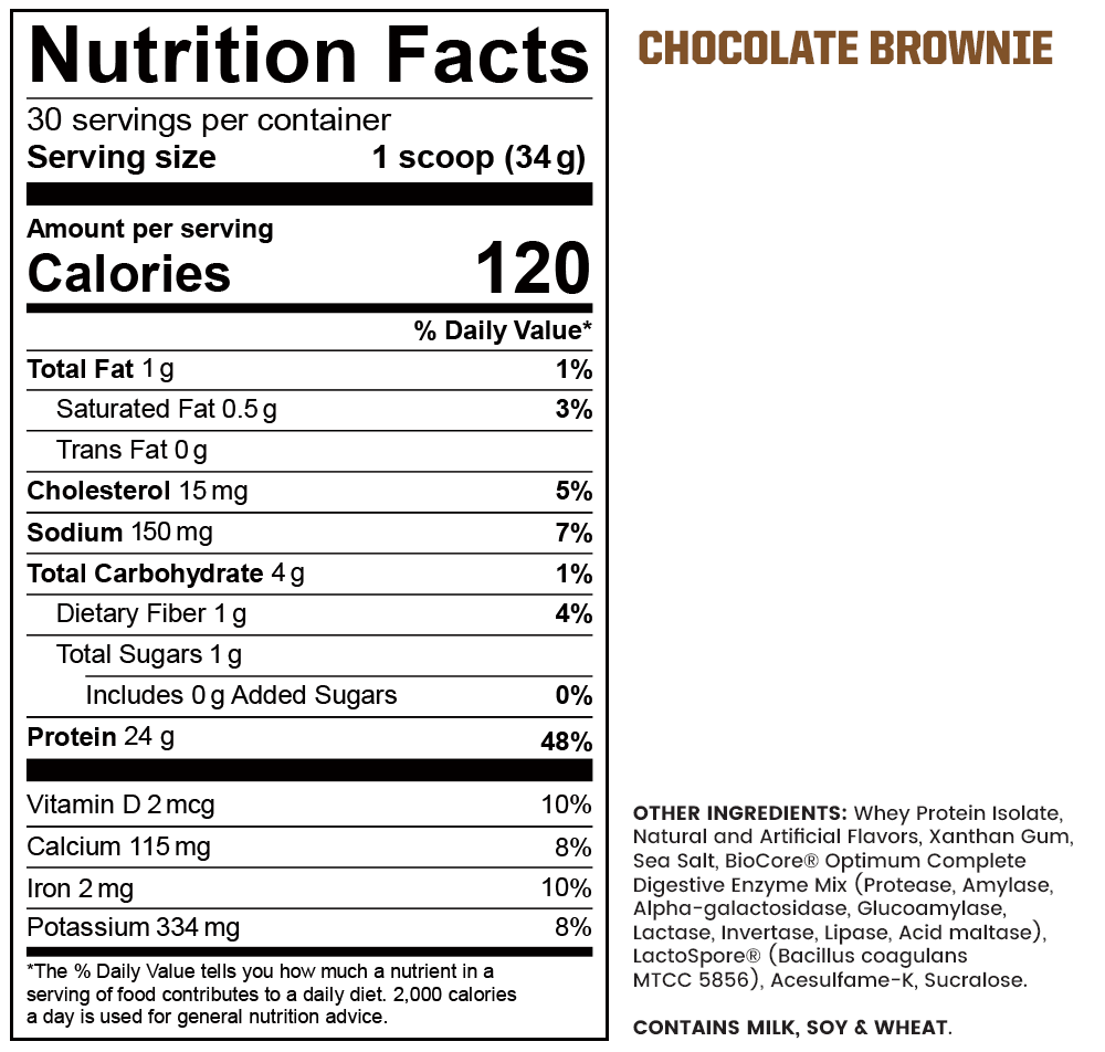Supplement facts label: Chocolate Brownie