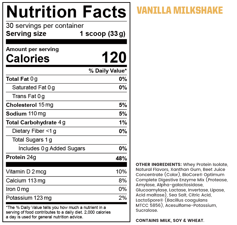 Supplement facts label: Vanilla Milkshake