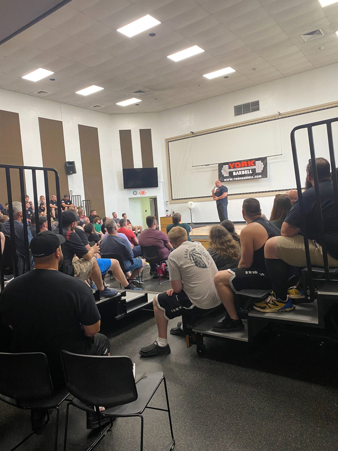 Brian Shaw giving a keynote at York Barbell