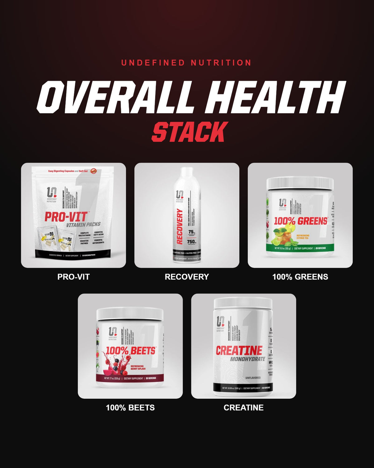 Undefined Nutrition Overall Health Stack: Pro-Vit, Recovery, 100% Greens, 100% Beets and Creatine Monohydrate