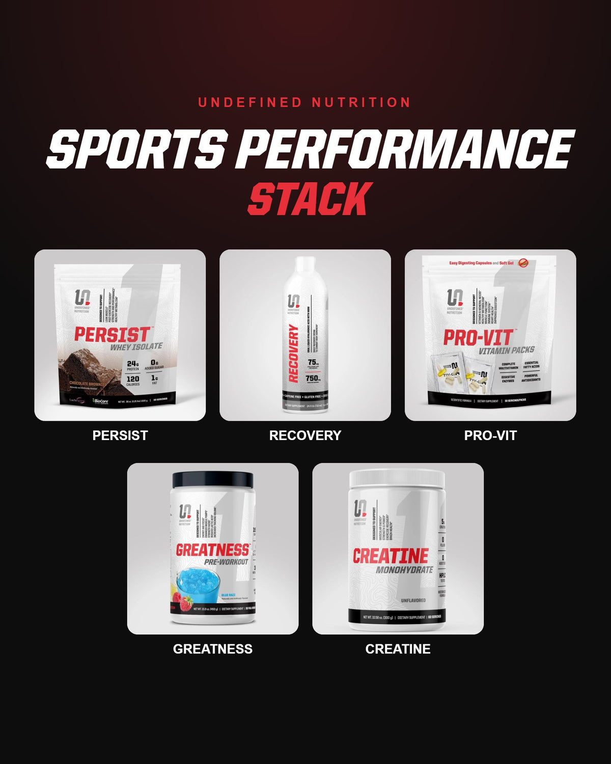 Undefined Nutrition Sports Performance Stack: Persist, Recovery, Pro-Vit, Greatness and Creatine Monohydrate