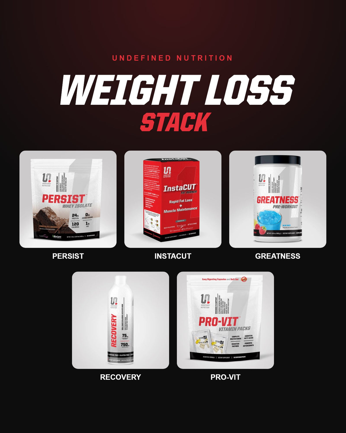 Undefined Nutrition Weight Loss Stack: Persist, InstaCUT, Greatness, Recovery and Pro-Vit